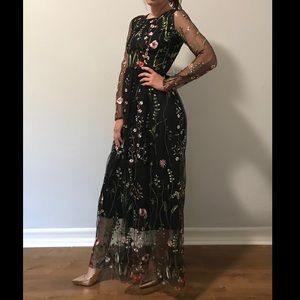 Floral embroidered mesh overlay dress